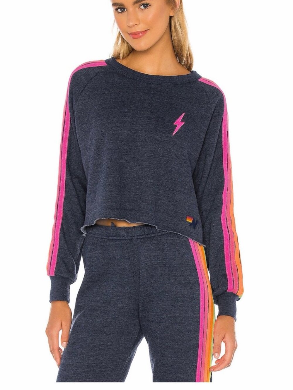 Aviator Nation Cropped Sweatshirt Navy Neon Rainbow Stripe